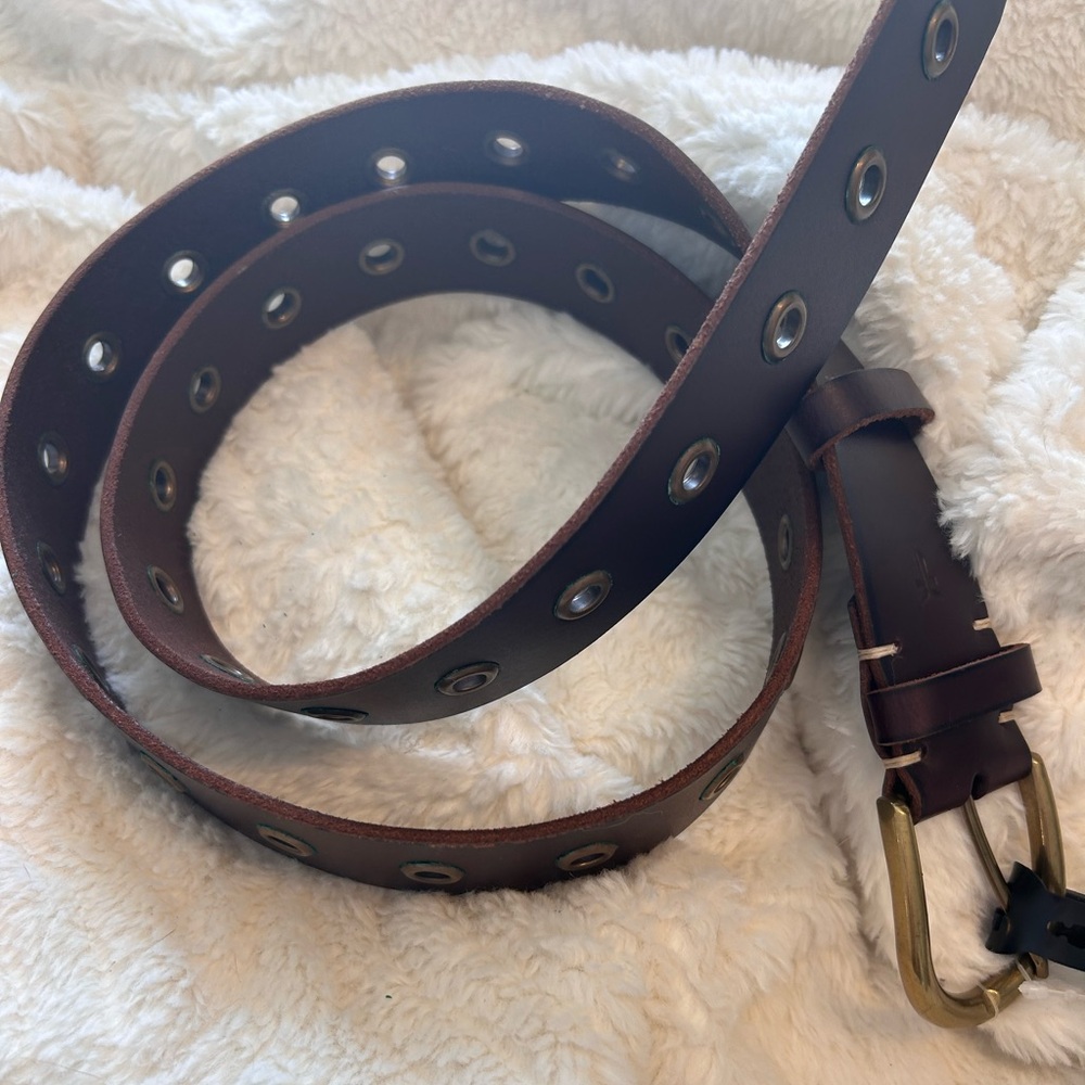 Frye Dark Brown Leather Belt with Brass Buckle and grommets- unisex